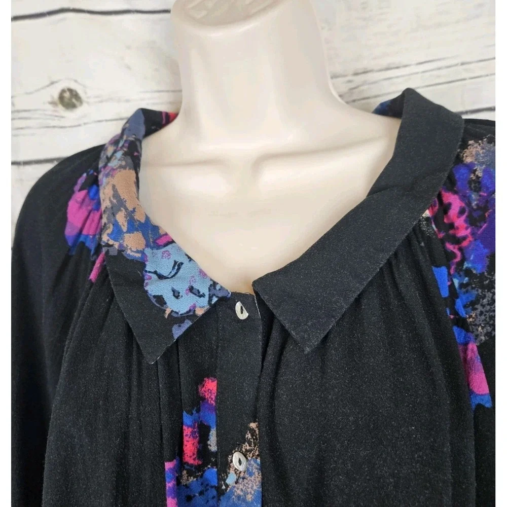 Free People Black Floral Butterflies Swing Tunic Top L Boho Whimsical Mini Dress
